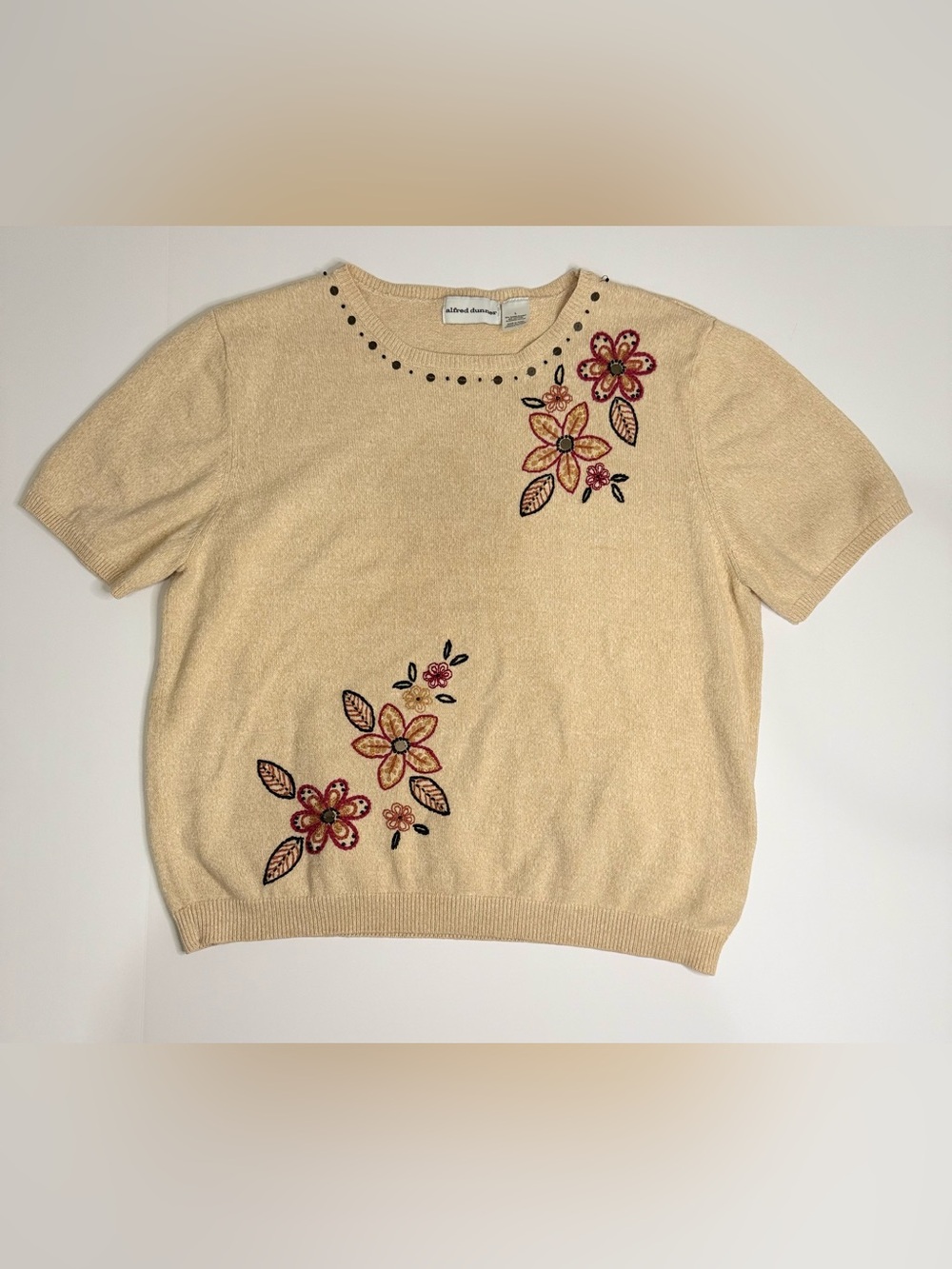 Vintage Alfred Dunner Sweater Women’s Sz-L Beige Gold Floral Embroidered